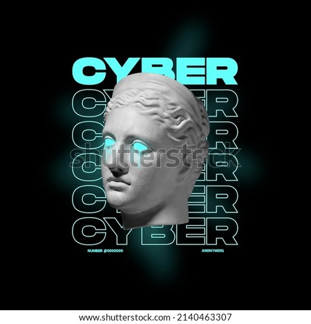 Contemporary art collage. Antique statue head with neon tears and neon lettering around isolated over black background. Concept of digitalization, artificial intelligence, technology era, cyberspace