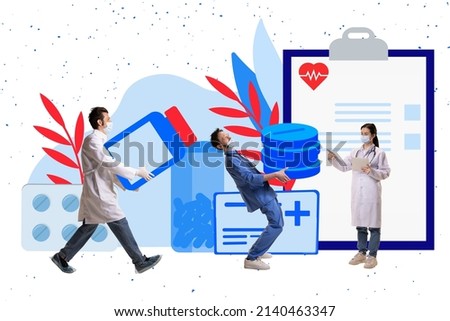 In a pharmacy. Contemporary art collage. Doctors, men and woman with drawn pills, tablets. Prescribing pills. Concept of profession, artwork, pharmacy, medicine and healthcare