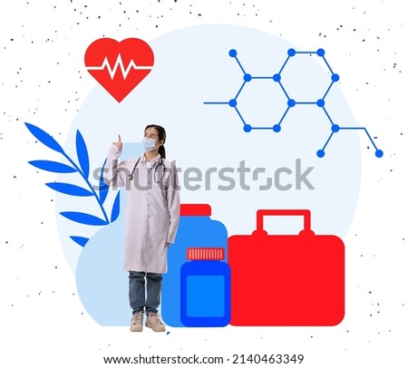 Contemporary art collage.Young woman in white medical gown, doctor pointing at heart cardiogram, giving special medical treatment. Concept of pharmacy, medicine, healthcare