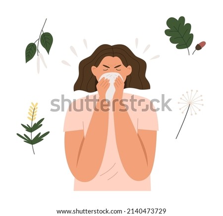 Woman sneezes from plant allergy. Allergy to birch, dandelion, oak. Flat vector illustration. Royalty-Free Stock Photo #2140473729