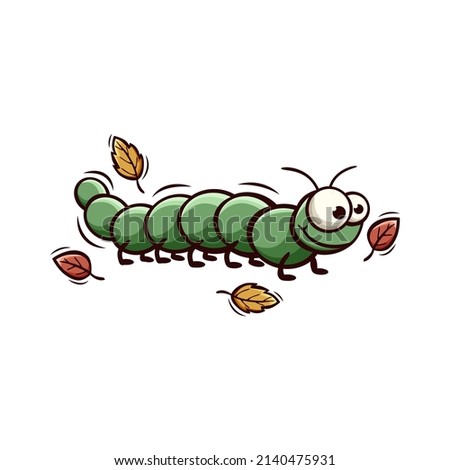 Hand drawn icon of caterpillar and leaves in doodle style isolated on white background.