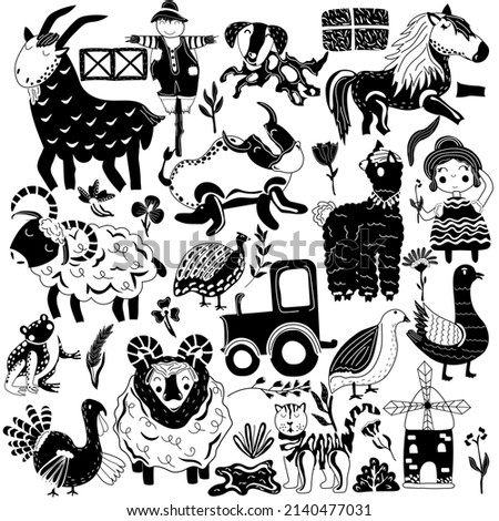 Big set of farm with animals. Pets, cat, dog, pony, bull, goat, duck, turkey and farm truck, windmill, scarecrow and other. Cute black and white farm animals for your design. Boho animals. Vector