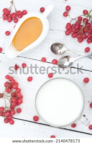 Milk with cranberries and honey. Photo of food on a light background