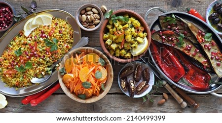 African food table concept. Traditional African or middle eastern dishes assortment. Selective focus Royalty-Free Stock Photo #2140499399