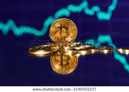 Bitcoin chart background, Bitcoin price news concept idea. Cryptocurrency value getting higher with green indicator in stock market. Crypto trading