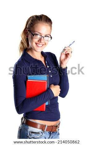 Smiling girl student in eyeglasses with tablet. Isolated