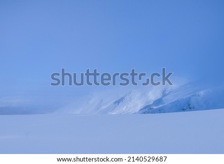 Scenic winter landscape with snow trees and mountain background, blue sky with horizontal shapes.