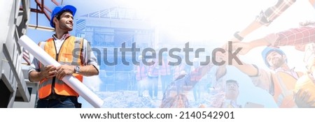 Construction engineer civil team work banner.Double exposure of worker group.Multi ethnic diversity caucasian,African,American,Asian cheering.Success project manager Middle eastern concept.PPE wearing Royalty-Free Stock Photo #2140542901