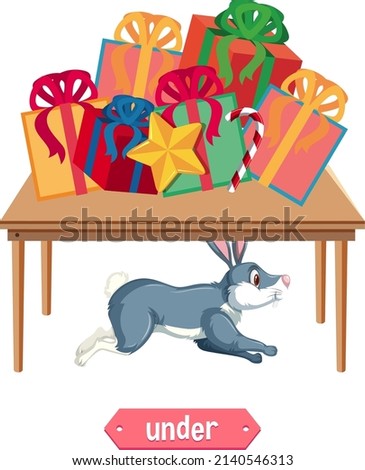 Preposition wordcard with rabbit under table illustration