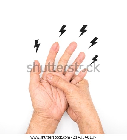 Tingling and numbness in hands of Asian old man with diabetes. Finger sensation problems. Hand nerves problems. Isolated on white.