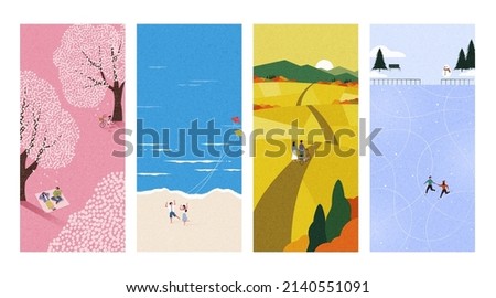 Beautiful hand drawn mobile wallpaper collection. Four seasons of romantic love. Royalty-Free Stock Photo #2140551091