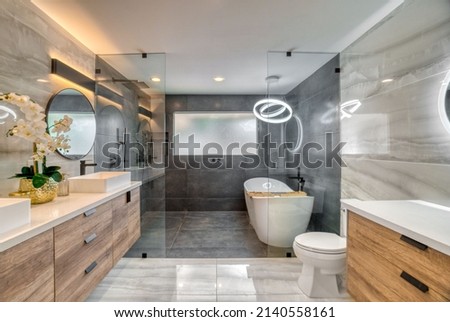 A luxury black and white bathroom  Royalty-Free Stock Photo #2140558161