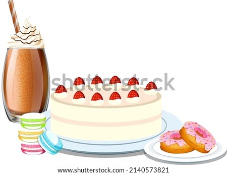 Sweet dessert with strawberry cake and chocolate milk illustration