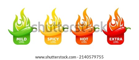 Hot spicy level labels of vector jalapeno, chili, cayenne peppers with fire flames. Spicy food or sauce taste scale indicators, green, red, yellow and orange rating signs for hot, extra and mild taste Royalty-Free Stock Photo #2140579755
