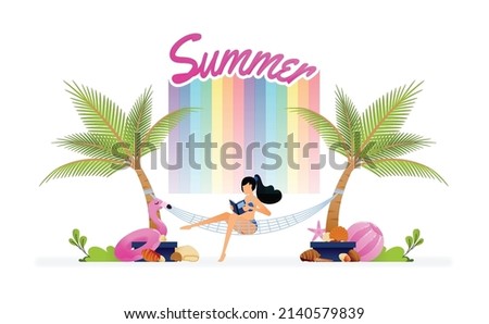 Vector illustration of girl sitting relaxed in a hammock tied between coconut trees on the beach on vacation. Design can be used to landing page, web, website, poster, mobile apps, brochure ads, flyer