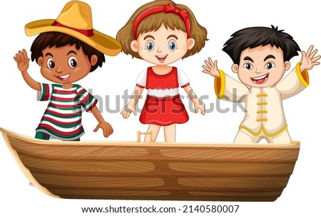 Boy and girl standing on a boat on a white background illustration