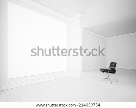 White interior with black office armchair and blank poster on a wall