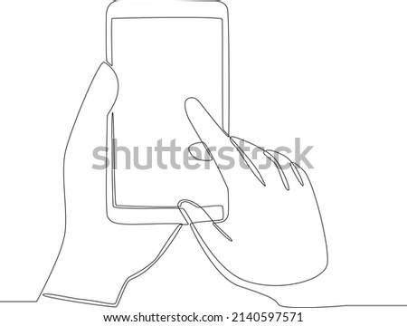 Continuous line drawing of point finger on screen mobile phone. People hands using smartphone. Vector illustration.