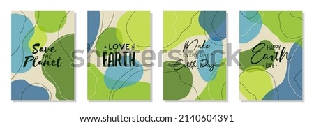 Set of 4 Earth Day wall art posters, brochure, flyer templates. Eco organic line abstract shape drawn, hand drawn design, simple wallpaper. Dynamic contemporary line graphic vector, liquid or fluid.  Royalty-Free Stock Photo #2140604391