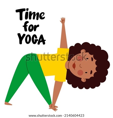 girl is leaning down to her leg. The child is engaged in sports. Time for yoga. Vector illustration in a flat style on a white background.