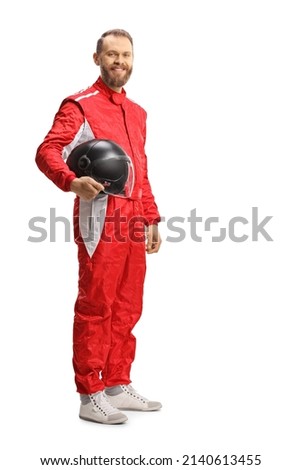 Full length shot of a car racer holding a helmet and smiling isolated on white background Royalty-Free Stock Photo #2140613455