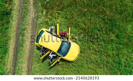 Family and friends car travel on vacation, happy parents and kids have fun in holiday trip, aerial drone view of car and people from above Royalty-Free Stock Photo #2140628193