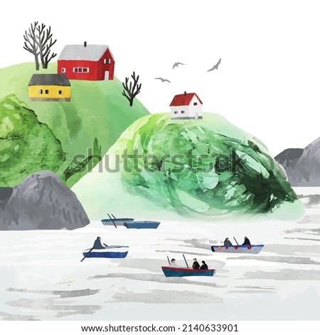 Scenic vector landscape with houses on sea coast. Fishing on the boat. Outdoor recreational activity. All elements are individual objects