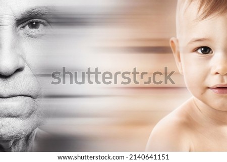 Portrait of elderly man and baby boy. Concept of rebirth and cycle of life. Royalty-Free Stock Photo #2140641151