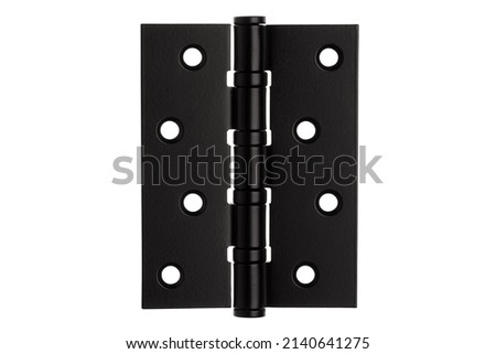Door hinges made of metal on a white isolated background. Hinges for doors of a room, apartment, office, warehouse and other premises. Fastening for doors on the frame and on the wall. Royalty-Free Stock Photo #2140641275