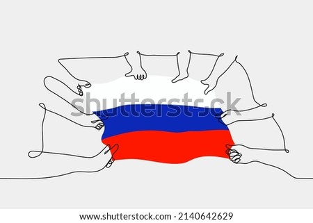 people holding Russian flag - one line drawing vector. concept rallies in support of Russia, pro-Russian actions, patriots of the Russian Federation 