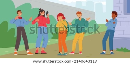 Teenagers Characters Bullying Classmate Girl at School Backyard, Calling with Nasty Names and Record Video. Teens Abuse on Schoolgirl, Children Conflict, Violence. Cartoon People Vector Illustration Royalty-Free Stock Photo #2140643119