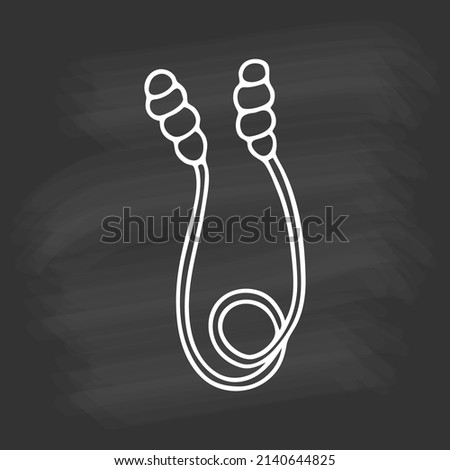 Hand drawn skipping rope on chalkboard. White outline on black background. Cute element in doodle style for card, social media banner, sticker, print, decoration kids playroom. Vector illustration.
