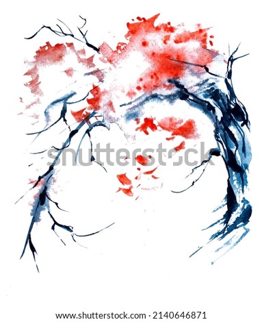 Sakura  tree illustration. Watercolor  blossoming cherry isolated on white background, design element, romantic symbol of spring.Eastern blooming tree design. Asia concept clipart.