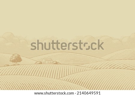 Engraving style illustration of countryside agriculture farmland with grassland and barn Royalty-Free Stock Photo #2140649591
