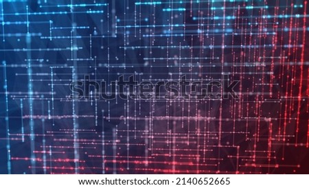 Neon background technology. Maze design, grid of squares. Digital network pattern, luminous particles, lines, circles. Plexus of fire and ice. Outer space. The Milky Way. Banner medicine, business.