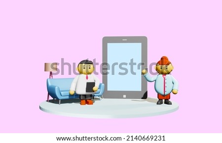 3d render. Cute cartoon style doctor and nurse showing big screen tablet for writing