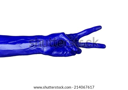 Blue hand on white background, isolated, paint