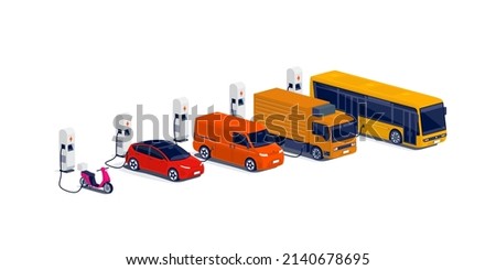 Company electric cars fleet charging on parking lot with fast charger station and many charger stalls. Bus, truck, van, motorcycle, business vehicles refuelling electricity on network grid. Royalty-Free Stock Photo #2140678695