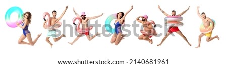 Set of jumping people with inflatable rings isolated on white  Royalty-Free Stock Photo #2140681961