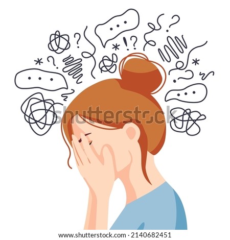 Anxiety, depression, stress, headache. Dizziness, sad and anxious thoughts of woman. Young famale is surrounded by stream of thoughts, chaos in head.  Mental disorder. Royalty-Free Stock Photo #2140682451