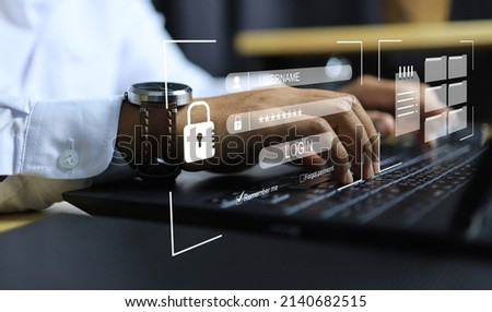Young executives log in with usernames and passwords on a computer laptop screen according to cyber security policy. ISO IEC 27001 and 27002 concepts.