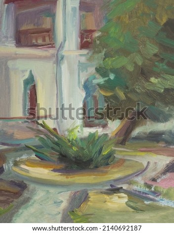 Etude architecture landscape. Quick sketch oil painting. Calm pastel shades. Abstract pastel painting. Drawing of a park, paths of trees, buildings. A fragment of a painting for design, illustrations