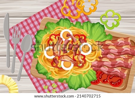 Top view of breakfast on wooden tray illustration
