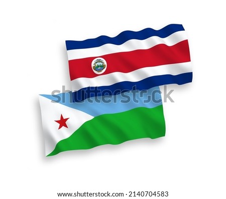 National vector fabric wave flags of Republic of Costa Rica and Republic of Djibouti isolated on white background. 1 to 2 proportion.