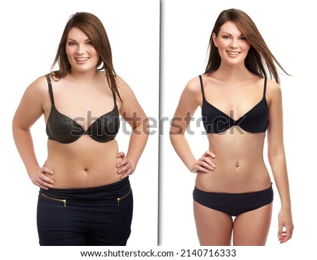 Finding the shape shes comfortable with. Before and after studio shot of a young womans weight loss. Royalty-Free Stock Photo #2140716333