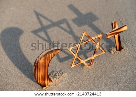 Christianity, Islam, Judaism  3  monotheistic religions. Jewish  Star, Cross and Crescent :  Interreligious symbols. Religious and faith concept.  Royalty-Free Stock Photo #2140724413
