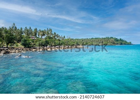 tropical beach and sea with blue sky, summer travel and vacation concept, background