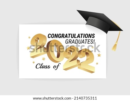 Class of 2022. Congratulations graduates gold graduation concept with 3d text and decorative elements. Graduation typography design template. Congrats graduates Flat style vector illustration