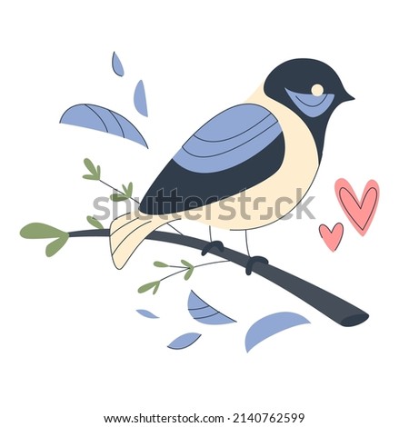 Spring bird is sitting on the branch and leaves. Spring concept. Colorful Spring illustration. Bird on branch. Vector illustration in a flat style. Easter 