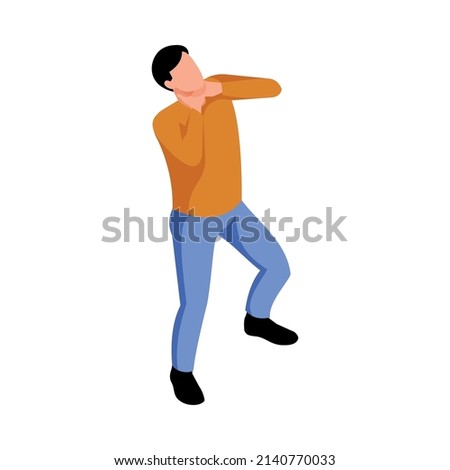 Isometric allergy composition with human character of suffering man holding by throat on blank background vector illustration